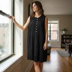 Quince Black 100% Linen Tunic Dress Women's Size Large Sleeveless Button Front